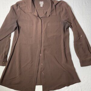 Chicos Brown Long Sleeve Button-Front Tunic Top Size 2 With Pockets
